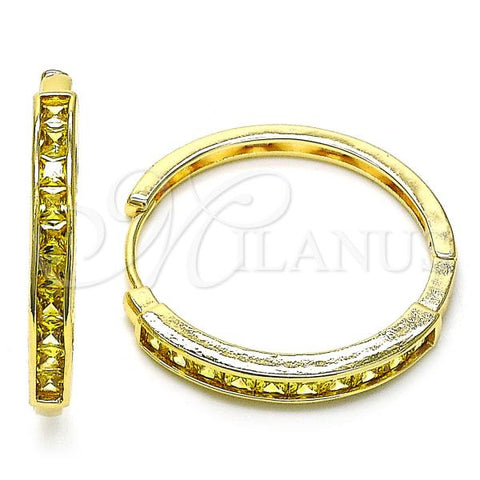 Oro Laminado Huggie Hoop, Gold Filled Style Baguette Design, with Golden Cubic Zirconia, Polished, Golden Finish, 02.210.0106.18.35