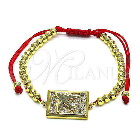 Oro Laminado Adjustable Bolo Bracelet, Gold Filled Style Airplane and Ball Design, with White Micro Pave, Polished, Golden Finish, 03.193.0008.11