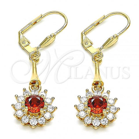 Oro Laminado Long Earring, Gold Filled Style Flower Design, with Garnet and White Cubic Zirconia, Polished, Golden Finish, 02.387.0055.1