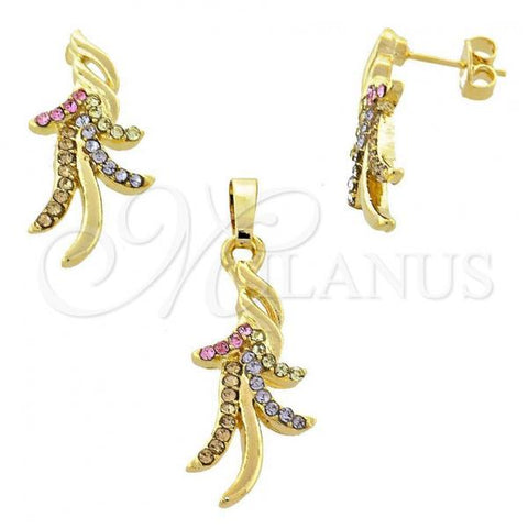 Oro Laminado Earring and Pendant Adult Set, Gold Filled Style with Multicolor Crystal, Polished, Golden Finish, 10.164.0009.1