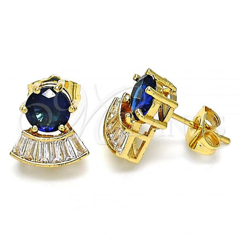 Oro Laminado Stud Earring, Gold Filled Style with Sapphire Blue and White Cubic Zirconia, Polished, Golden Finish, 02.346.0008.2