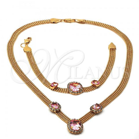Oro Laminado Necklace and Bracelet, Gold Filled Style with Light Rhodolite and White Cubic Zirconia, Polished, Golden Finish, 5.013.005