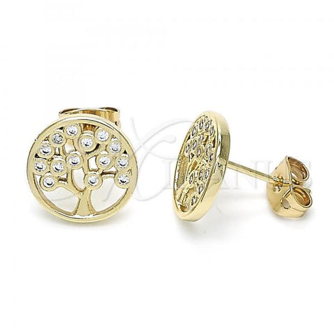 Oro Laminado Stud Earring, Gold Filled Style Tree Design, with White Micro Pave, Polished, Golden Finish, 02.342.0081