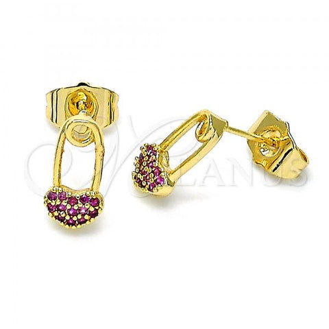 Oro Laminado Stud Earring, Gold Filled Style Paperclip Design, with Ruby Micro Pave, Polished, Golden Finish, 02.310.0070
