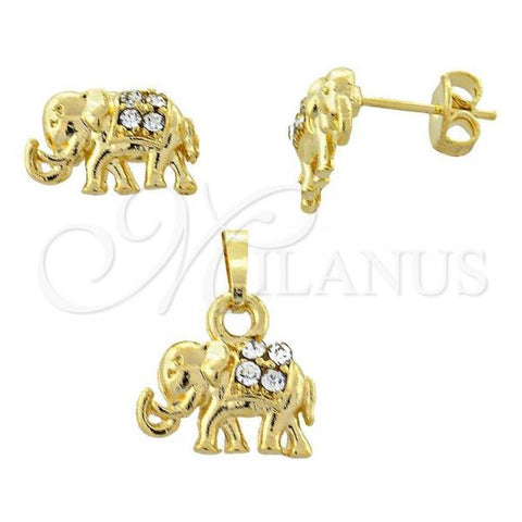 Oro Laminado Earring and Pendant Adult Set, Gold Filled Style Elephant Design, with White Crystal, Polished, Golden Finish, 10.164.0006