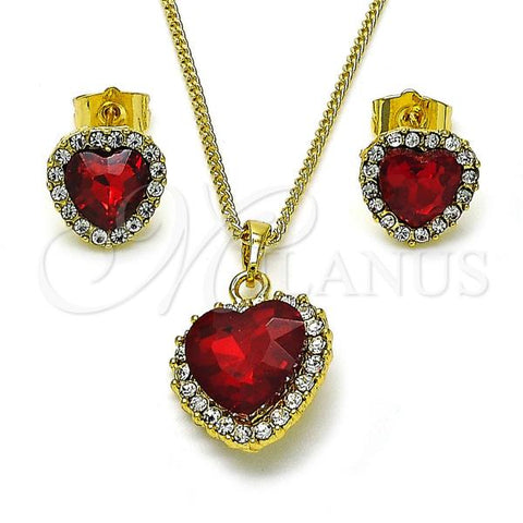 Oro Laminado Earring and Pendant Adult Set, Gold Filled Style Heart and Cluster Design, with Garnet and White Crystal, Polished, Golden Finish, 10.379.0086