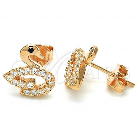 Sterling Silver Stud Earring, Swan Design, with Black Cubic Zirconia and White Crystal, Polished, Rose Gold Finish, 02.336.0098.1