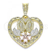 Oro Laminado Religious Pendant, Gold Filled Style Guadalupe and Heart Design, Polished, Tricolor, 05.351.0200