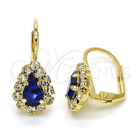 Oro Laminado Leverback Earring, Gold Filled Style Teardrop Design, with Sapphire Blue and White Crystal, Polished, Golden Finish, 5.125.012.1