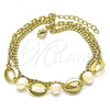 Oro Laminado Fancy Bracelet, Gold Filled Style Lips and Miami Cuban Design, with Ivory Pearl, Polished, Golden Finish, 03.213.0204.07