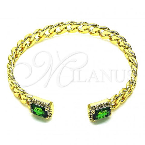 Oro Laminado Individual Bangle, Gold Filled Style Miami Cuban Design, with Green Cubic Zirconia and White Micro Pave, Polished, Golden Finish, 07.341.0035