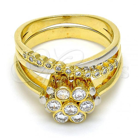Oro Laminado Wedding Ring, Gold Filled Style Flower and Duo Design, with White Cubic Zirconia, Polished, Two Tone, 01.99.0040.07 (Size 7)