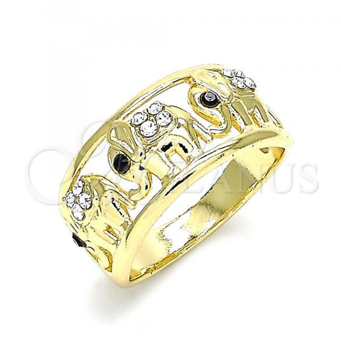 Oro Laminado Multi Stone Ring, Gold Filled Style Elephant Design, with White and Black Crystal, Polished, Golden Finish, 01.380.0004.08