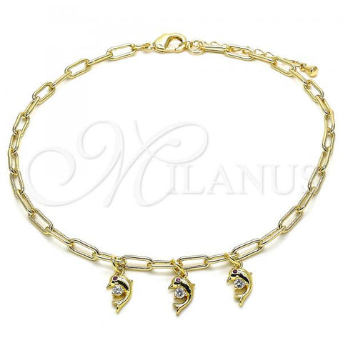 Oro Laminado Charm Anklet , Gold Filled Style Dolphin and Paperclip Design, with White and Ruby Cubic Zirconia, Polished, Golden Finish, 03.63.2167.10