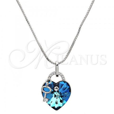 Rhodium Plated Pendant Necklace, Heart and key Design, with Bermuda Blue Swarovski Crystals and White Micro Pave, Polished, Rhodium Finish, 04.239.0015.16