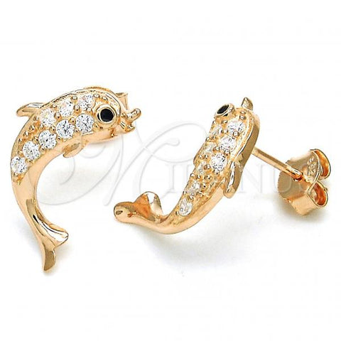 Sterling Silver Stud Earring, Dolphin Design, with White and Black Cubic Zirconia, Polished, Rose Gold Finish, 02.336.0116.1