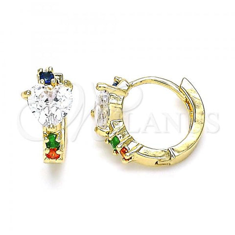 Oro Laminado Huggie Hoop, Gold Filled Style Heart Design, with Multicolor Cubic Zirconia, Polished, Golden Finish, 02.210.0647.5.15