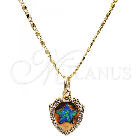 Oro Laminado Pendant Necklace, Gold Filled Style Star Design, with Blue Topaz Opal and White Micro Pave, Polished, Golden Finish, 04.63.1325.2.18