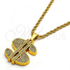 Gold Tone Pendant Necklace, Rope and Money Sign Design, with White Crystal, Polished, Golden Finish, 04.242.0002.30GT