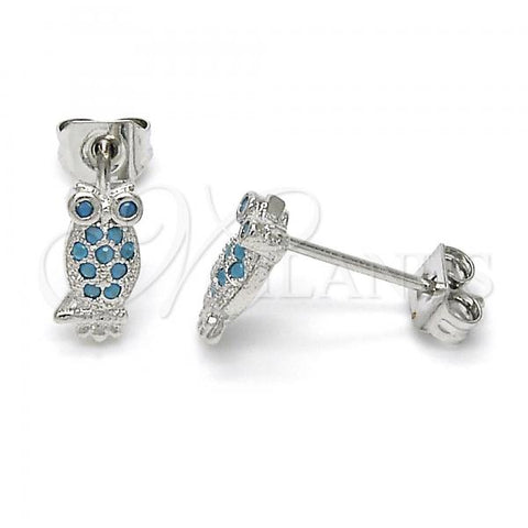 Rhodium Plated Stud Earring, Owl Design, with Turquoise Cubic Zirconia, Polished, Rhodium Finish, 02.313.0002.1