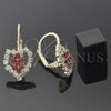 Oro Laminado Leverback Earring, Gold Filled Style Heart and Love Design, with White and Garnet Cubic Zirconia, Polished, Golden Finish, 5.125.004
