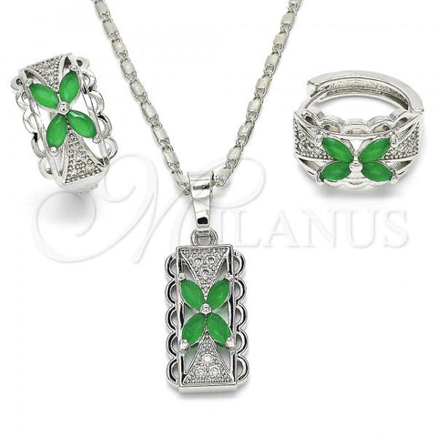 Rhodium Plated Earring and Pendant Adult Set, Flower Design, with Green and White Cubic Zirconia, Polished, Rhodium Finish, 10.210.0062.9