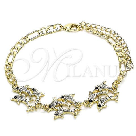 Oro Laminado Fancy Bracelet, Gold Filled Style Dolphin Design, with White and Black Crystal, Polished, Golden Finish, 03.380.0088.08
