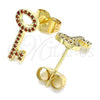Oro Laminado Stud Earring, Gold Filled Style key Design, with Garnet Micro Pave, Polished, Golden Finish, 02.344.0066.1