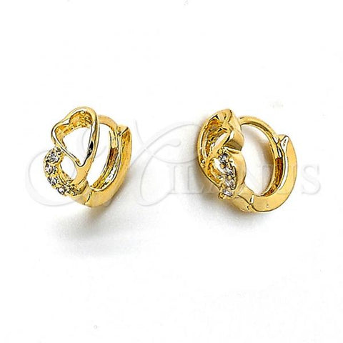 Oro Laminado Huggie Hoop, Gold Filled Style Heart Design, with White Cubic Zirconia, Polished, Golden Finish, 02.165.0006