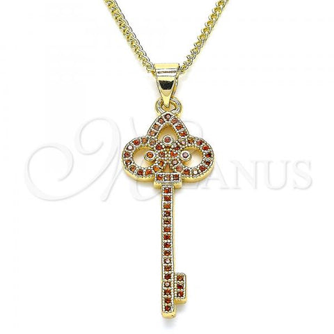Oro Laminado Pendant Necklace, Gold Filled Style key Design, with Garnet Micro Pave, Polished, Golden Finish, 04.344.0008.1.20