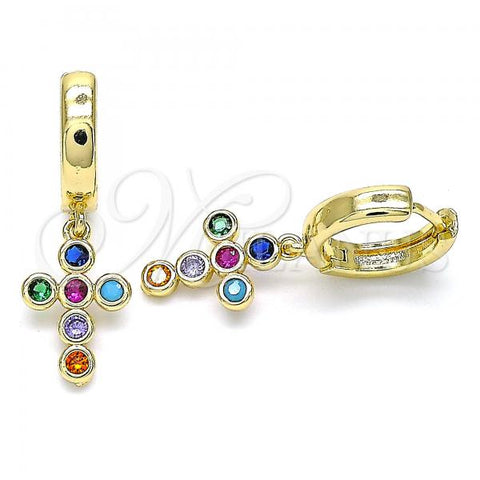 Oro Laminado Huggie Hoop, Gold Filled Style Cross Design, with Multicolor Cubic Zirconia, Polished, Golden Finish, 02.210.0514.1.15