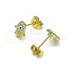 Oro Laminado Stud Earring, Gold Filled Style Hand and Evil Eye Design, Light Blue Enamel Finish, Golden Finish, 02.213.0399.2
