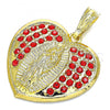 Oro Laminado Religious Pendant, Gold Filled Style Heart and Guadalupe Design, with Garnet Crystal, Polished, Golden Finish, 05.351.0135