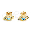 Oro Laminado Stud Earring, Gold Filled Style Evil Eye Design, with White Cubic Zirconia, Light Blue Enamel Finish, Golden Finish, 02.213.0267.1