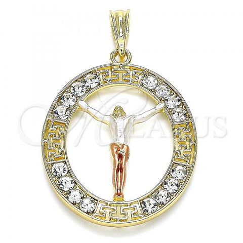 Oro Laminado Religious Pendant, Gold Filled Style Jesus and Greek Key Design, with White Crystal, Polished, Tricolor, 05.380.0034