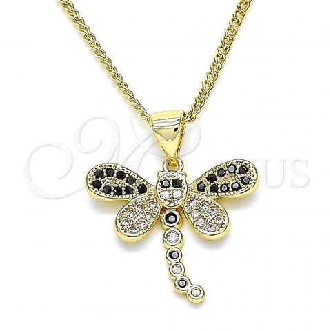 Oro Laminado Pendant Necklace, Gold Filled Style Dragon-Fly Design, with Black and White Micro Pave, Polished, Golden Finish, 04.156.0297.3.20
