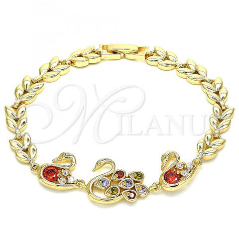 Oro Laminado Fancy Bracelet, Gold Filled Style Peacock and Swan Design, with Multicolor Cubic Zirconia, Polished, Golden Finish, 03.210.0131.2.08