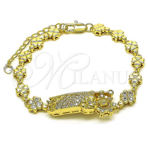 Oro Laminado Solid Bracelet, Gold Filled Style San Judas and Four-leaf Clover Design, with White Cubic Zirconia, Polished, Golden Finish, 03.411.0007.1.08