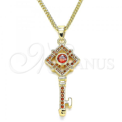 Oro Laminado Pendant Necklace, Gold Filled Style key Design, with Garnet Micro Pave, Polished, Golden Finish, 04.344.0011.1.20