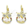 Oro Laminado Leverback Earring, Gold Filled Style Owl Design, with Multicolor Cubic Zirconia, Polished, Golden Finish, 02.210.0434.3