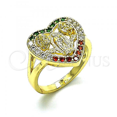 Oro Laminado Multi Stone Ring, Gold Filled Style Guadalupe and Heart Design, with Multicolor Cubic Zirconia, Polished, Golden Finish, 01.380.0028.1.07