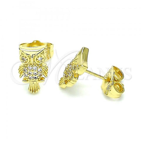 Oro Laminado Stud Earring, Gold Filled Style Owl Design, with White Micro Pave, Polished, Golden Finish, 02.156.0598