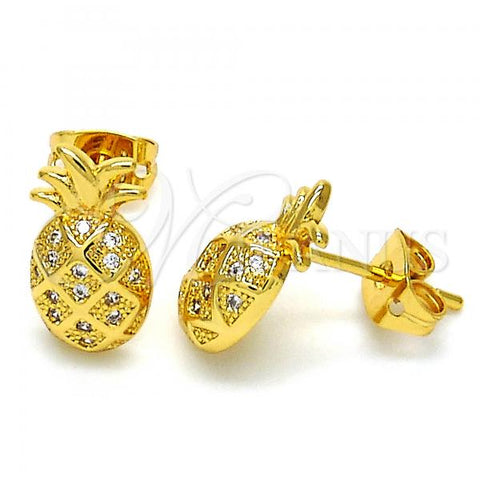 Oro Laminado Stud Earring, Gold Filled Style Pineapple Design, with White Micro Pave, Polished, Golden Finish, 02.342.0014