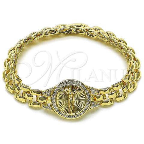 Oro Laminado Fancy Bracelet, Gold Filled Style Jesus and Crucifix Design, with White Cubic Zirconia, Diamond Cutting Finish, Golden Finish, 03.97.0002.08
