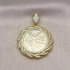 Oro Laminado Religious Pendant, Gold Filled Style Centenario Coin Design, with White Cubic Zirconia, Polished, Golden Finish, 05.213.0137