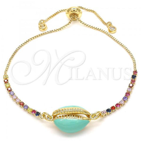 Oro Laminado Adjustable Bolo Bracelet, Gold Filled Style Shell Design, with Multicolor Cubic Zirconia, Turquoise Enamel Finish, Golden Finish, 03.63.2090.10