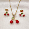 Oro Laminado Earring and Pendant Adult Set, Gold Filled Style Cherry Design, with Garnet Pearl, Polished, Golden Finish, 10.282.0008