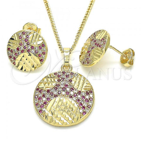 Oro Laminado Earring and Pendant Adult Set, Gold Filled Style with Ruby and White Cubic Zirconia, Polished, Golden Finish, 10.233.0036.2