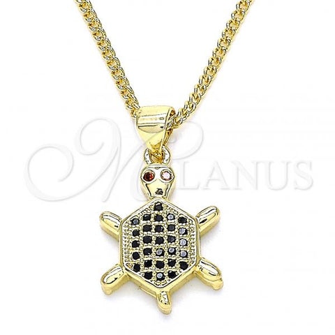 Oro Laminado Pendant Necklace, Gold Filled Style Turtle Design, with Black and Garnet Micro Pave, Polished, Golden Finish, 04.156.0298.2.20
