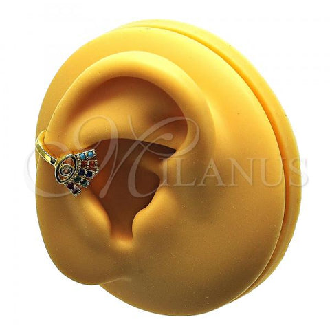 Oro Laminado Earcuff Earring, Gold Filled Style Evil Eye Design, with Multicolor Micro Pave, Polished, Golden Finish, 02.210.0728.1